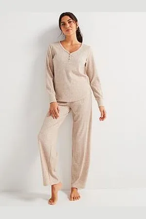 Very Ribbed Henley Long Sleeve And Wide Leg Pj Set