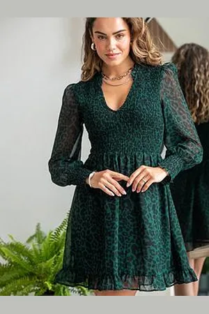 Pour Moi Izzy Shirred Bodice Long Sleeve Chiffon Dress