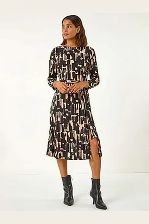 Roman Stretch Abstract Belted Dress