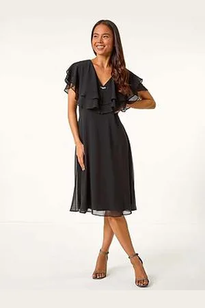 Roman Petite V-Neck Flare Trim Detail Cape Dress