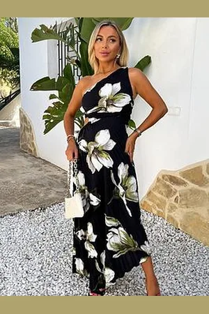 Ax Paris One Shoulder Cut Out Pleated Midi Dress - Floral
