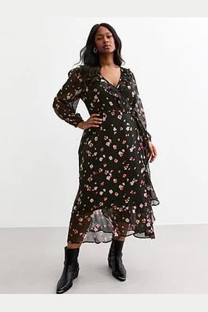 New Look Floral Print Chiffon Wrap Midi Dress
