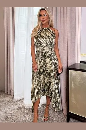 Ax Paris Snake Print Racer Neck Zig Zag Hem Pleated Midi Dress - Olive