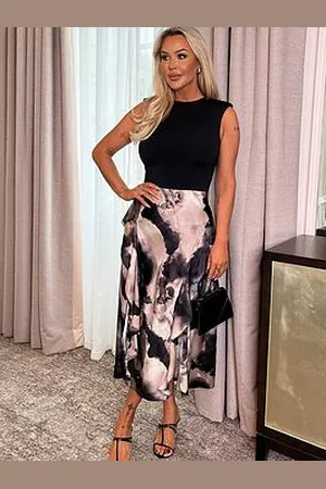 Ax Paris Marble Print 2 In 1 Double Frill Split Midi Dress