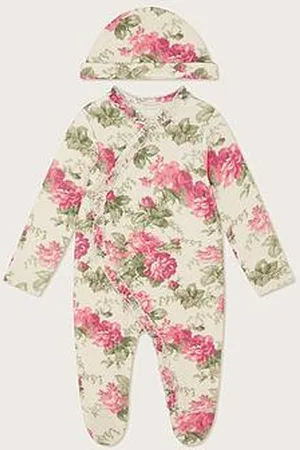 Monsoon Baby Girls Floral Sleepsuit And Hat - Ivory