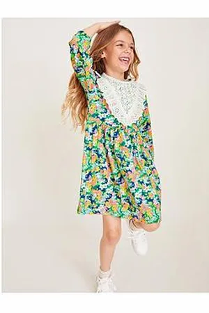 Monsoon Girls Long Sleeve Floral Lace Yoke Dress