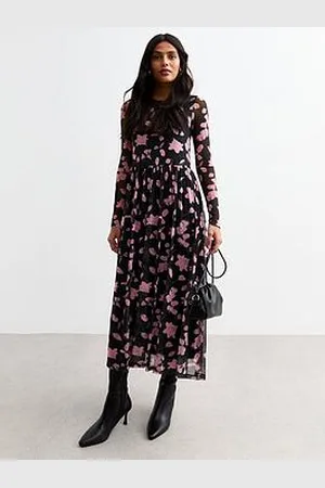 New Look Floral Print Long Sleeve Mesh Midi Dress