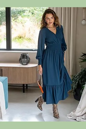 Pour Moi Carmen Fuller Bust Woven Elasticated Neckline Long Sleeve Midaxi Dress