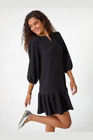 Roman Textured V-Neck Frill Hem Smock Dress