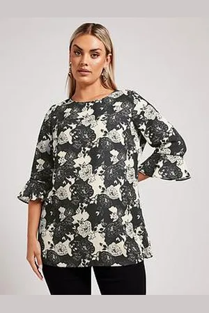 Yours Curve Mono Floral Crochet Trim Blouse