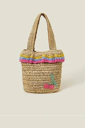Accessorize Girls Straw Embroidered Cherry Bag