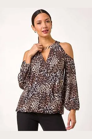 Roman Animal Print Cold Shoulder Stretch Top