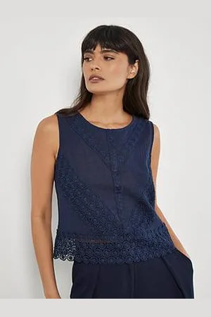 Apricot Lace Hem Back Bow Cotton Top - Navy