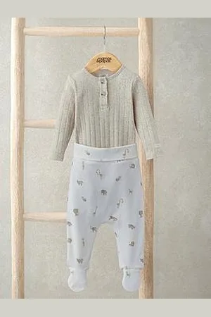 Mamas & Papas Baby Unisex 2 Piece Rib Bodysuit & Safari Print Legging Set
