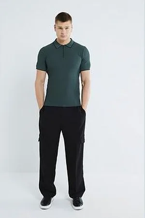 River Island Muscle Fit Textured Knitted Tipped Polo Shirt - Dark Green