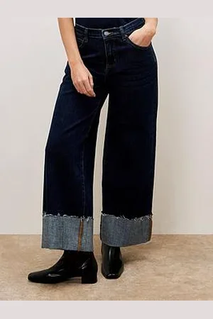 Apricot Ikeda Straight Leg Turn Up Jean - Navy