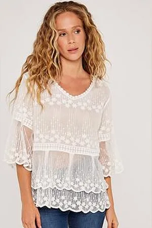 Apricot Embroidered Cotton Mesh Top