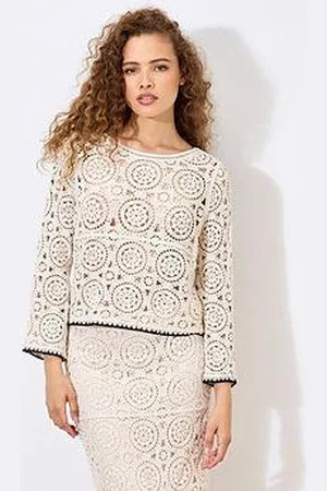 Apricot Circles Bell Sleeve Crochet Top - Stone