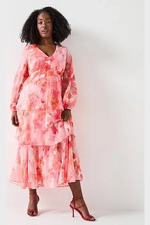 Very Tiered Ditsy Floral Hanky Hem Midaxi Dress - Pink