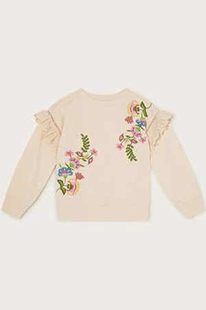 Monsoon Girls Floral Embroidered Ruffle Sweat Top