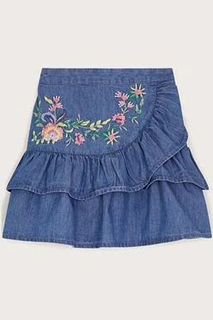 Monsoon Girls Chambray Embroidered Ruffle Skirt