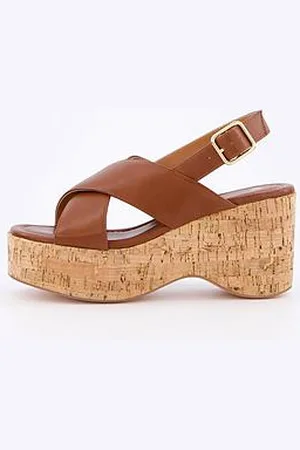 Very High Cork Wedge Cross Strap Sandals