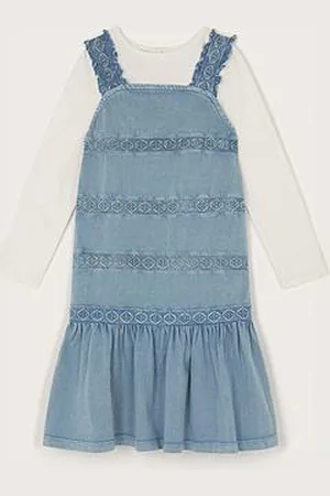Monsoon Girls Long Sleeve Top And Embroidered Pinafore Dress Set