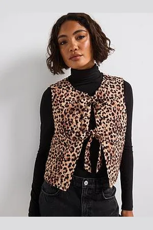 Pieces® Quilted Tie Detail Sleeveless Jacket - Leopard Print