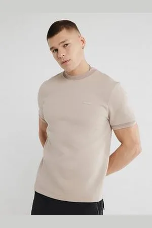 River Island Short Sleeve Slim Fit Quilted Badge T-Shirt - Beige