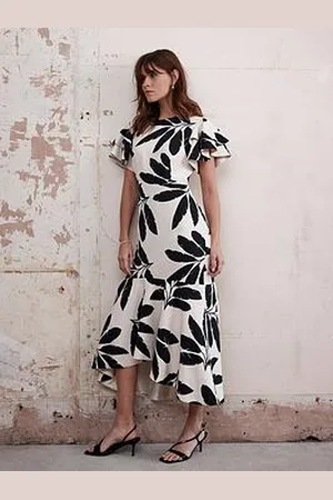 mint&berry Neutral Palm Print Midi Dress