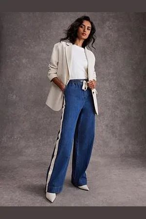 mint&berry Indigo Tie Waist Side Stripe Wide Jeans