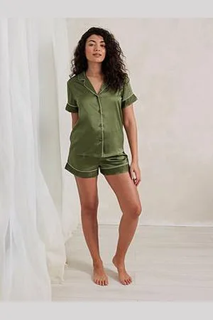 Chelsea Peers Satin Lace Trim Short Pyjama Set - Forest Green