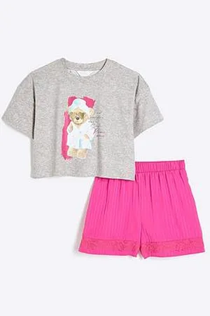 River Island Girls Satin Mix Teddy Pyjamas Set - Pink