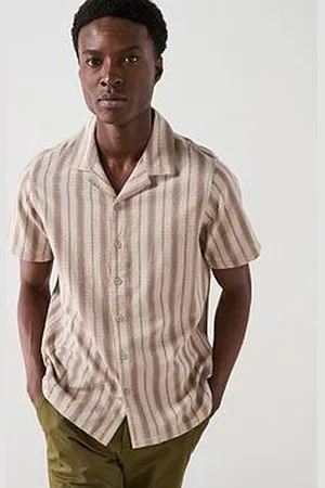 Very Man Short Sleeve Revere Textured Stripe Shirt - Stone