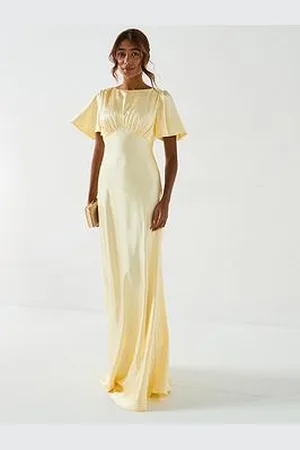 Six Stories Satin Flutter Sleeve Bias Cut Bridesmaid Dress - Lemon