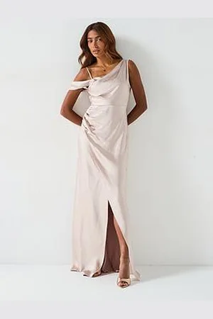 Six Stories Asymmetrical Bardot Strap Satin Bridesmaid Dress