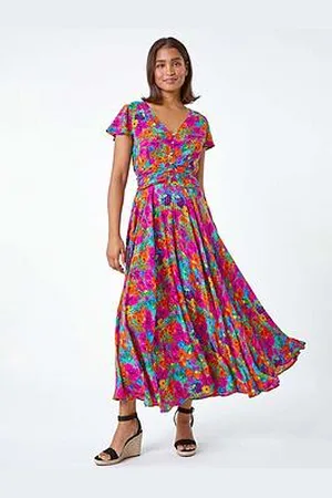 Roman Floral Ruched Waist Midi Dress