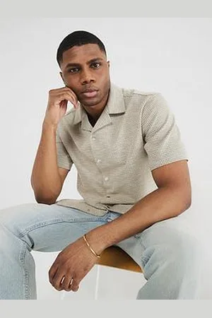 River Island Short Sleeve Jacquard Revere Shirt - Beige