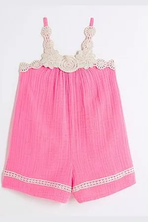 River Island Girls Crochet Trim Beach Playsuit - Bright Pink