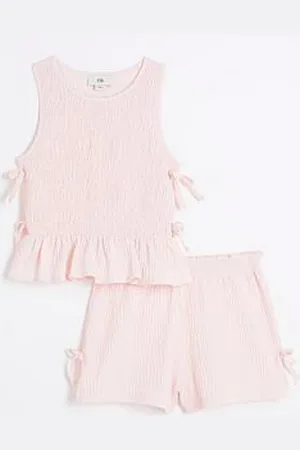 River Island Girls Shirred Bow Tank Top Set - Baby Pink