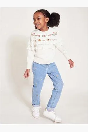 Monsoon Girls Embroidered Frill Knitted Jumper - Ivory