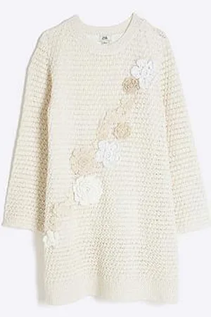 River Island Girls Crochet 3D Floral Dress - Cream