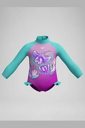 Speedo Girls Digital Long Sleeve Frill Swimsuit - Blue/Pink