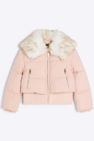 River Island Girls Short Padded Faux Fur Trim Coat - Pink