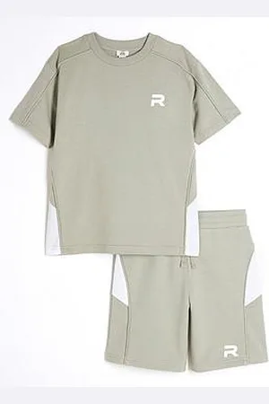 River Island Boys Block Piped T-Shirt And Short Set - Khaki