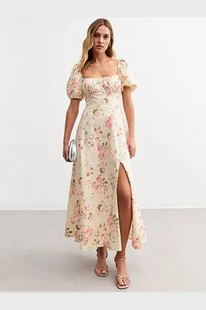 New Look Off White Floral Print Puff Sleeve Midi Dress