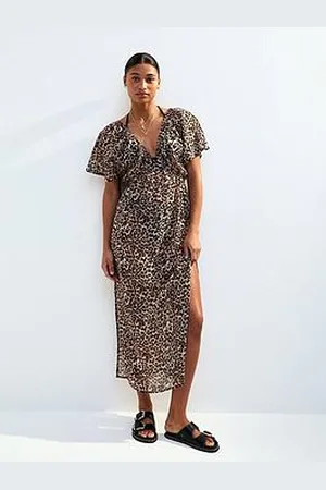 New Look Brown Leopard Short Sleeve Beach Maxi Dress