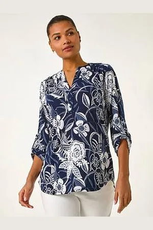 Roman Textured Floral Print V-Neck Stretch Shirt
