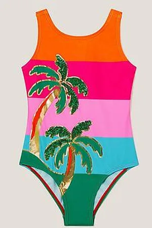 Monsoon Girls Colourblock Palm Sequin Swimsuit