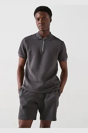 Very Man Zip Neck Textured Polo - Charcoal